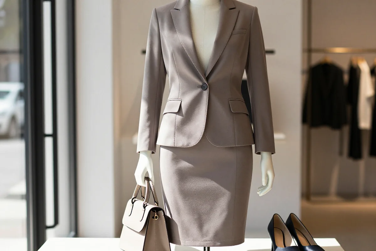 Elegancki damski strój w butiku, klasyczny żakiet i ołówkowa spódnica.