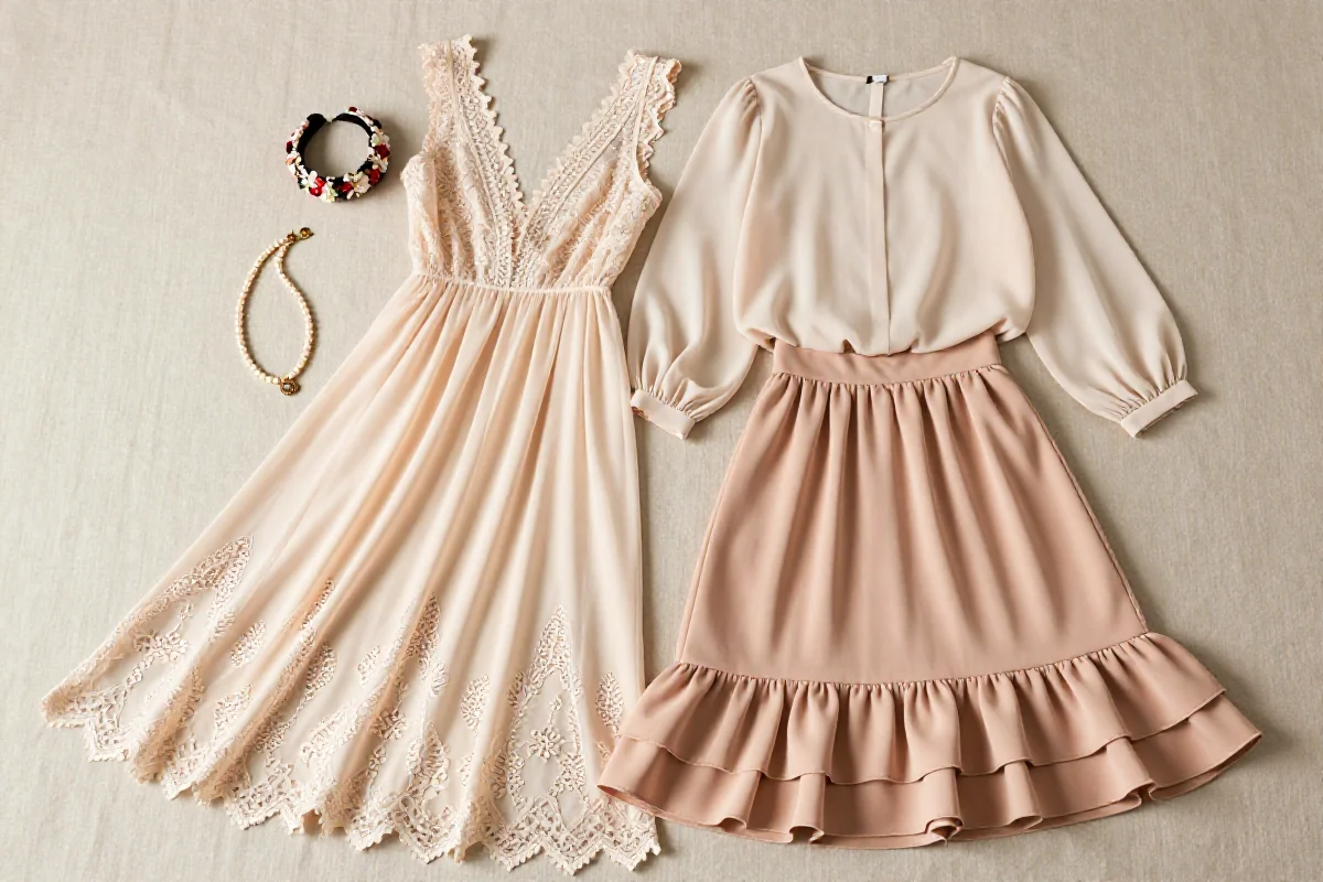 Romantyczny styl - sukienka midi, spódnica i dodatki w pastelowych kolorach.