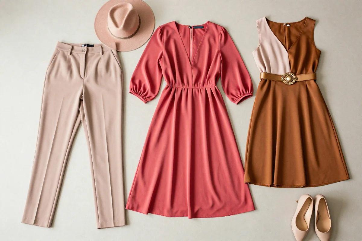 Stylowe ubrania dla kobiet z szerokimi biodrami i udami, w układzie płaskim.