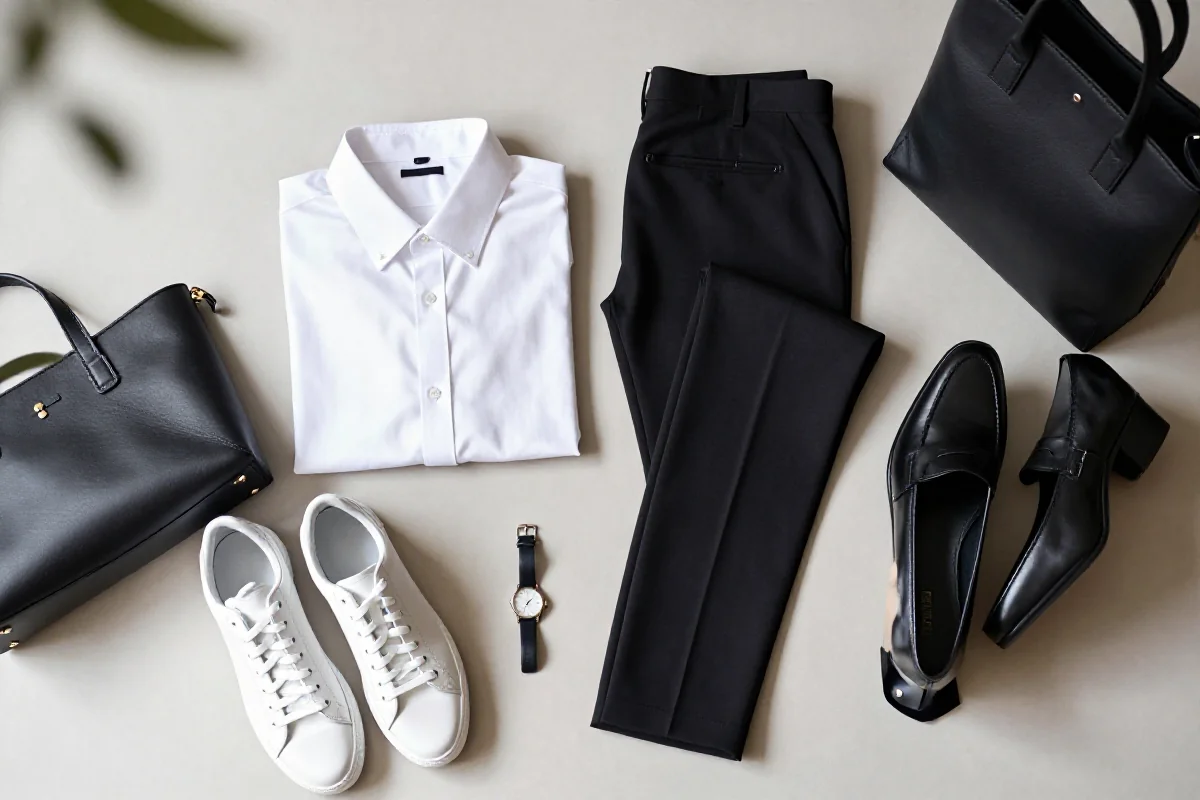 Stylizacja minimalistyczna: biała koszula, czarne spodnie i skórzane mokasyny.