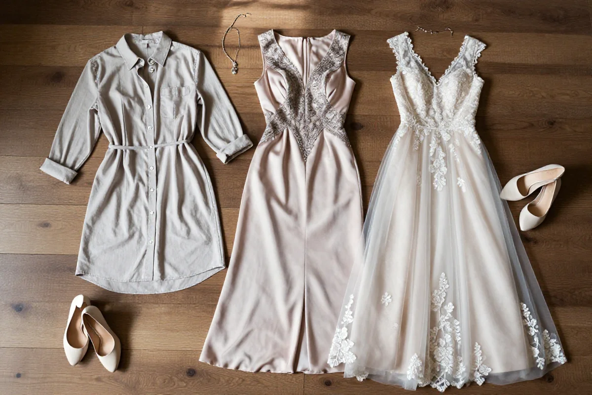 Stylowe sukienki damskie w układzie flat lay na drewnianym tle