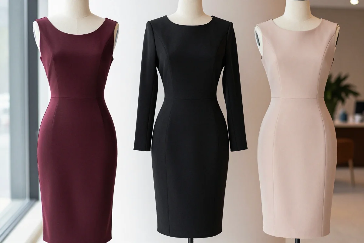 Trzy różne sukienki dopasowane na manekinie: bodycon, ołówkowa i fitted.