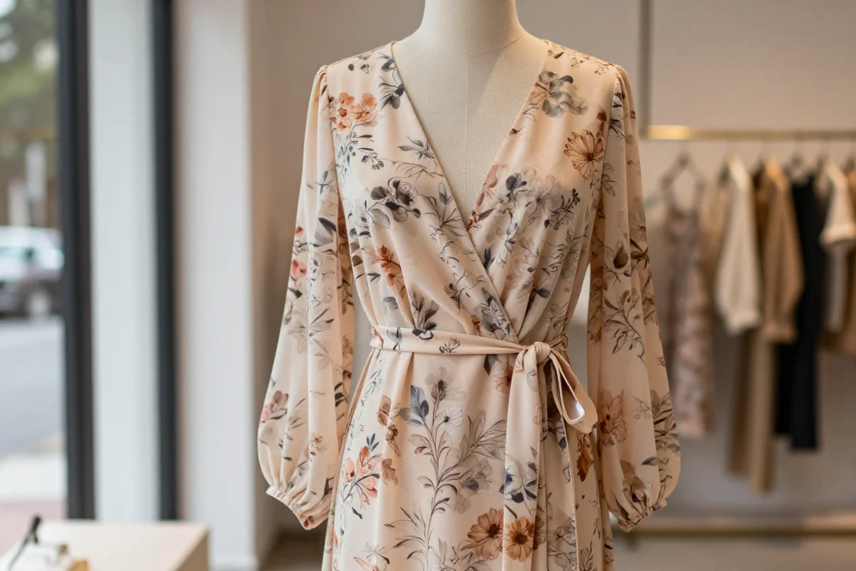 Elegancka sukienka kopertowa na manekinie w butiku, podkreślająca jej detale.