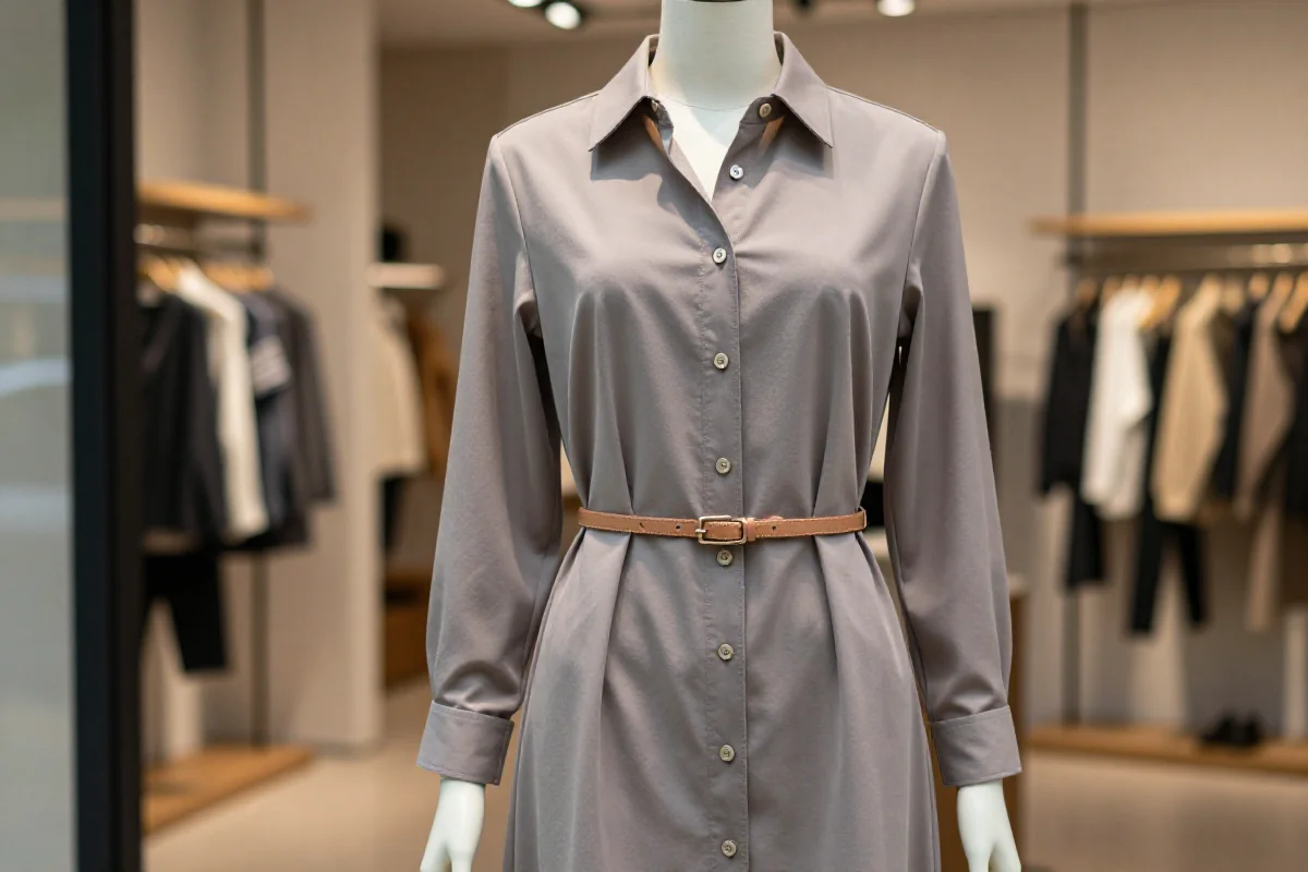 Sukienka koszulowa na manekinie w eleganckim butiku, minimalistyczny styl.