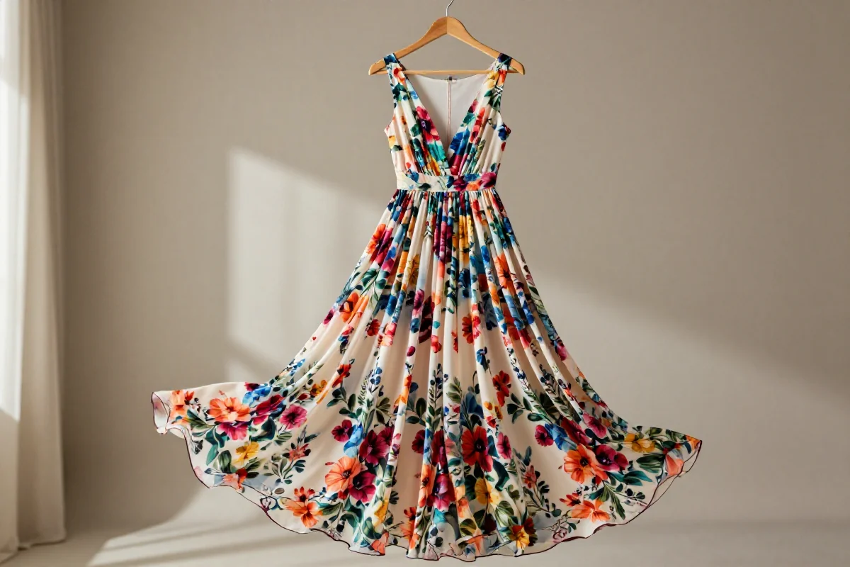 Sukienka maxi w kwiatowy wzór na wieszaku, elegancka i stylowa.