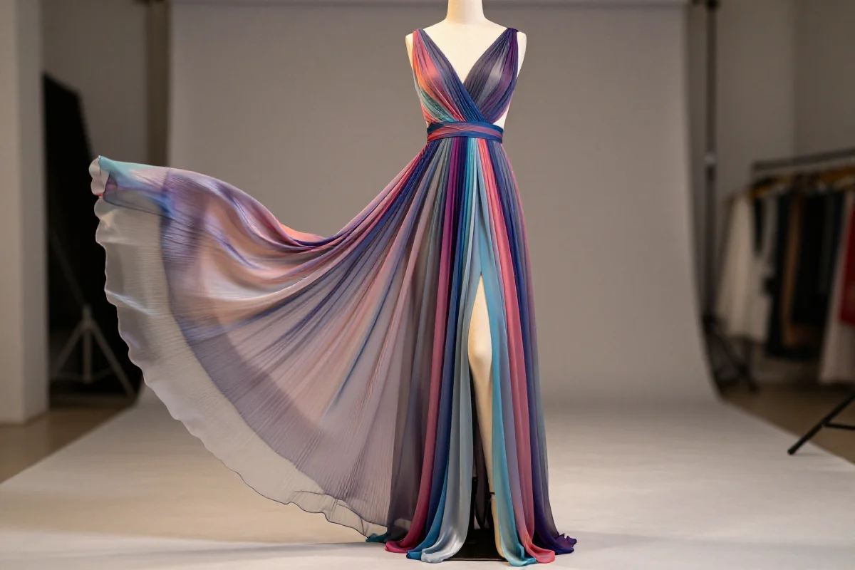 Elegancka sukienka maxi z asymetrycznym rozcięciem w delikatnym świetle.