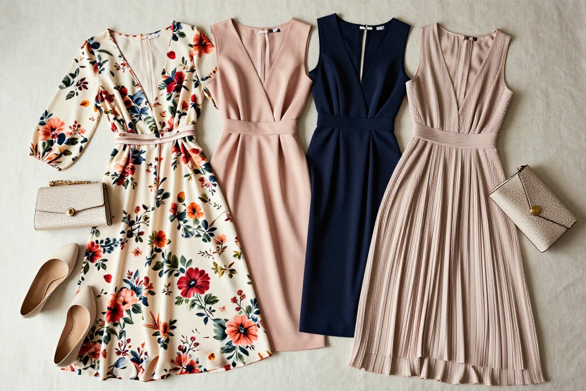 Różnorodne sukienki midi w różnych materiałach i stylach na tle tkaniny.