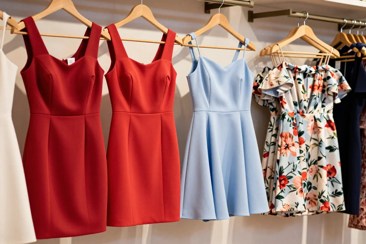 Kolekcja krótkich sukienek damskich w eleganckim butiku