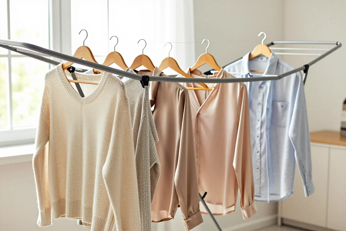 Suszenie ubrań na wieszakach w jasnym pomieszczeniu, różnorodne tkaniny.
