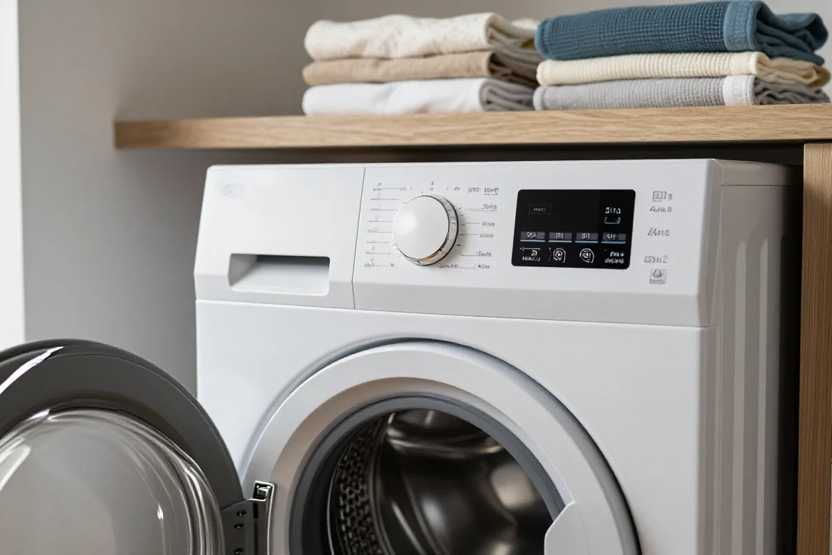 Nowoczesna suszarka automatyczna w stylowej pralni z eleganckimi ubraniami.