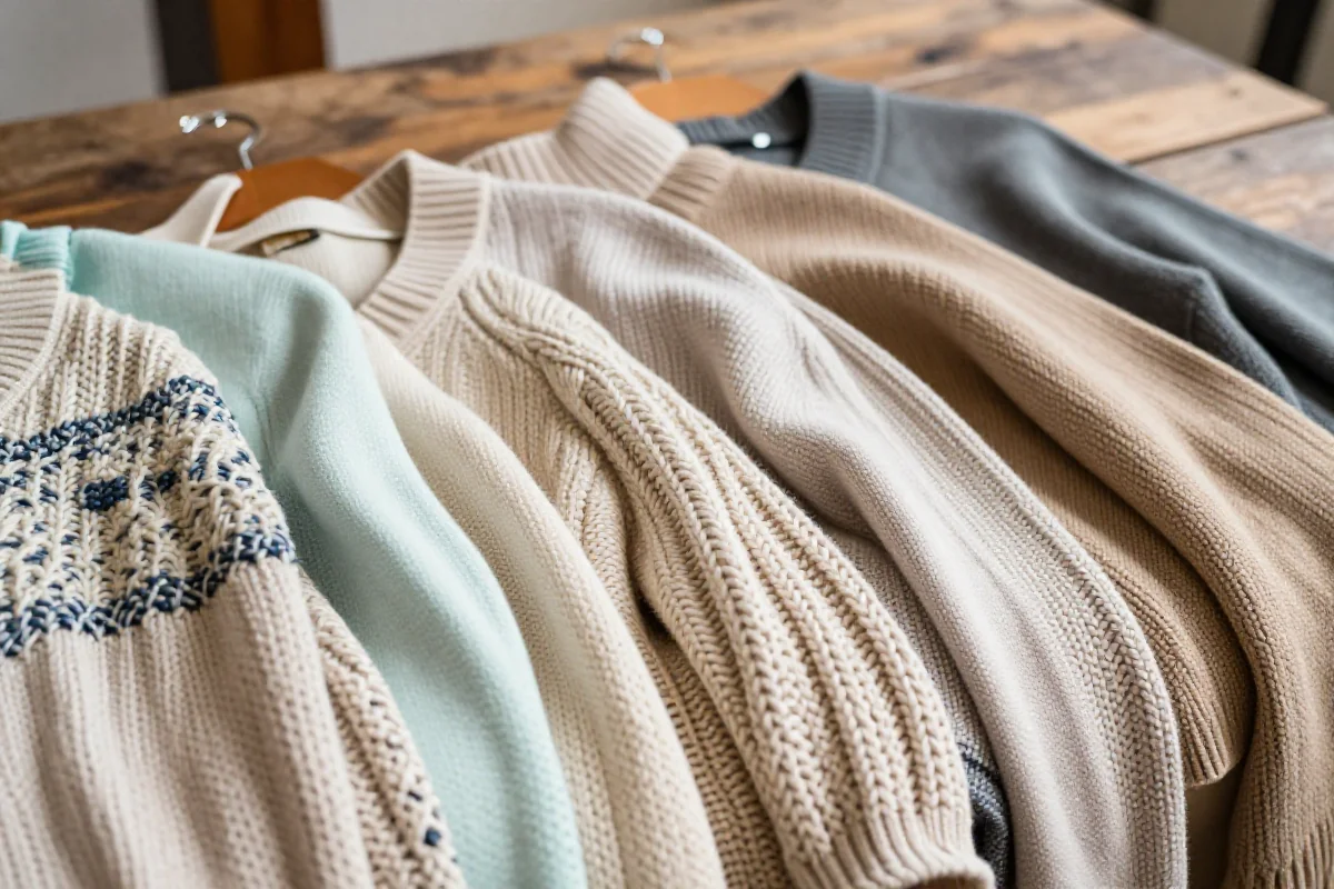 Kolekcja swetrów i kardiganów damskich na drewnianym tle.