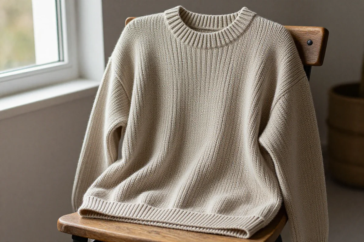 Oversized sweter na drewnianym krześle, ukazujący teksturę i luźny krój.