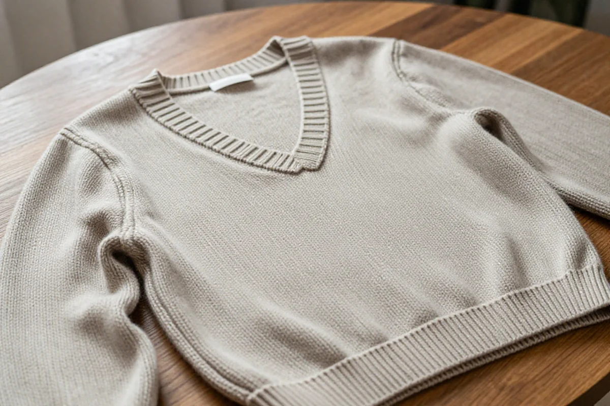 Sweter z dekoltem V na drewnianym stole, podkreślający teksturę i kolor.