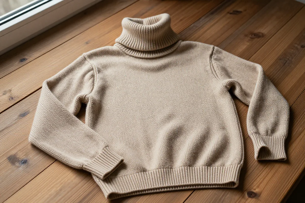 Sweter z golfem na drewnianym stole, ciepły i przytulny, idealny na zimę.