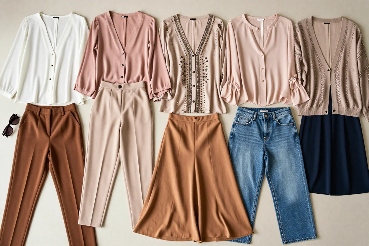 Stylowe ubrania i akcesoria dla sylwetki gruszki w stylizacji na płasko.