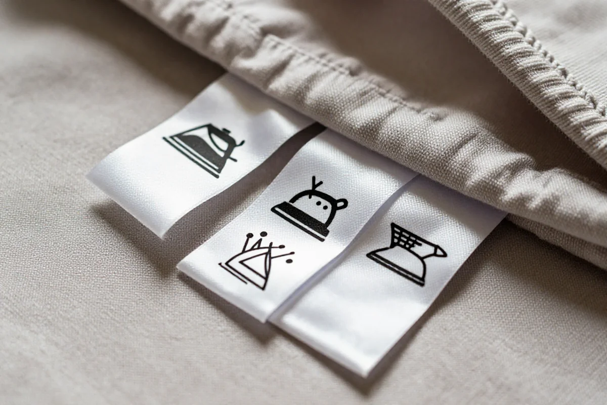 Etykiety z symbolami prasowania na ubraniach, różne materiały i tekstury.