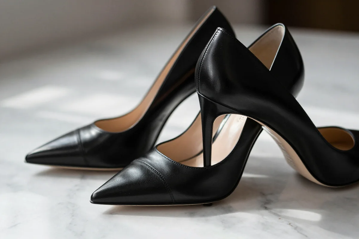 Czarne szpilki na marmurowej powierzchni, elegancki detal obuwia.
