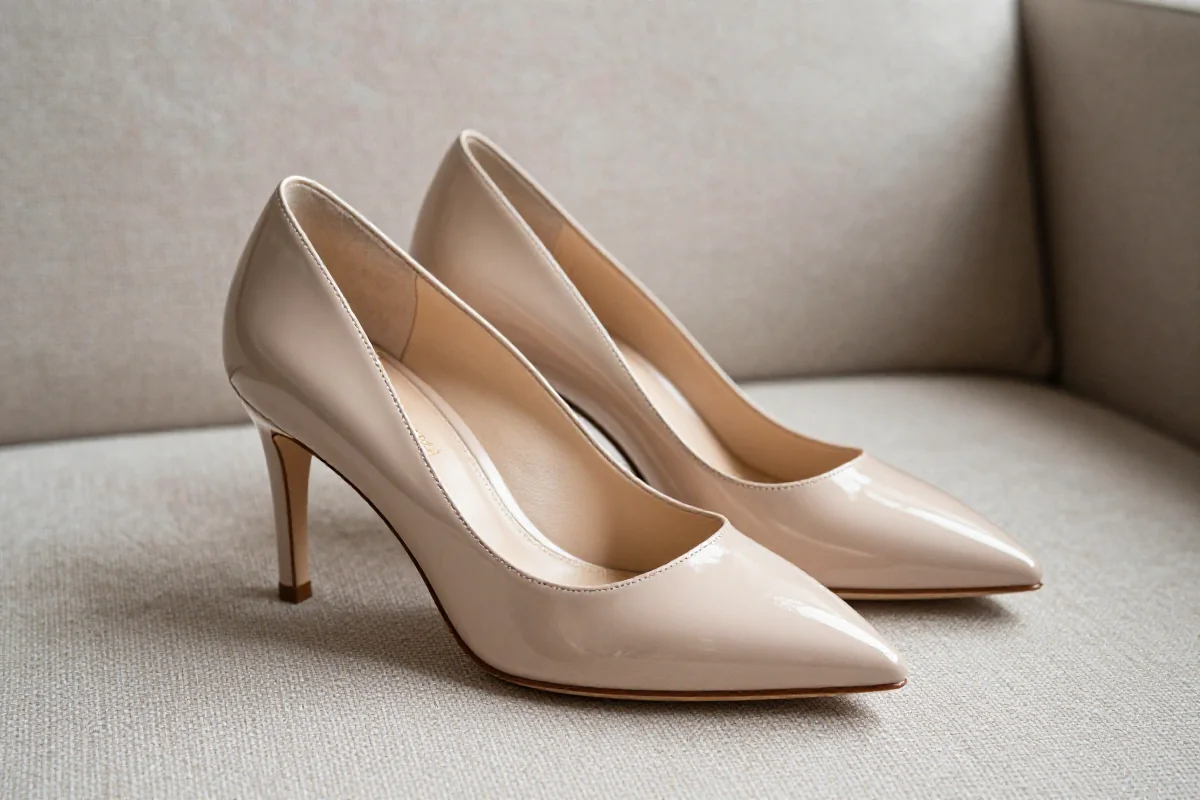 Eleganckie szpilki klasyczne na tle teksturowanej tkaniny.