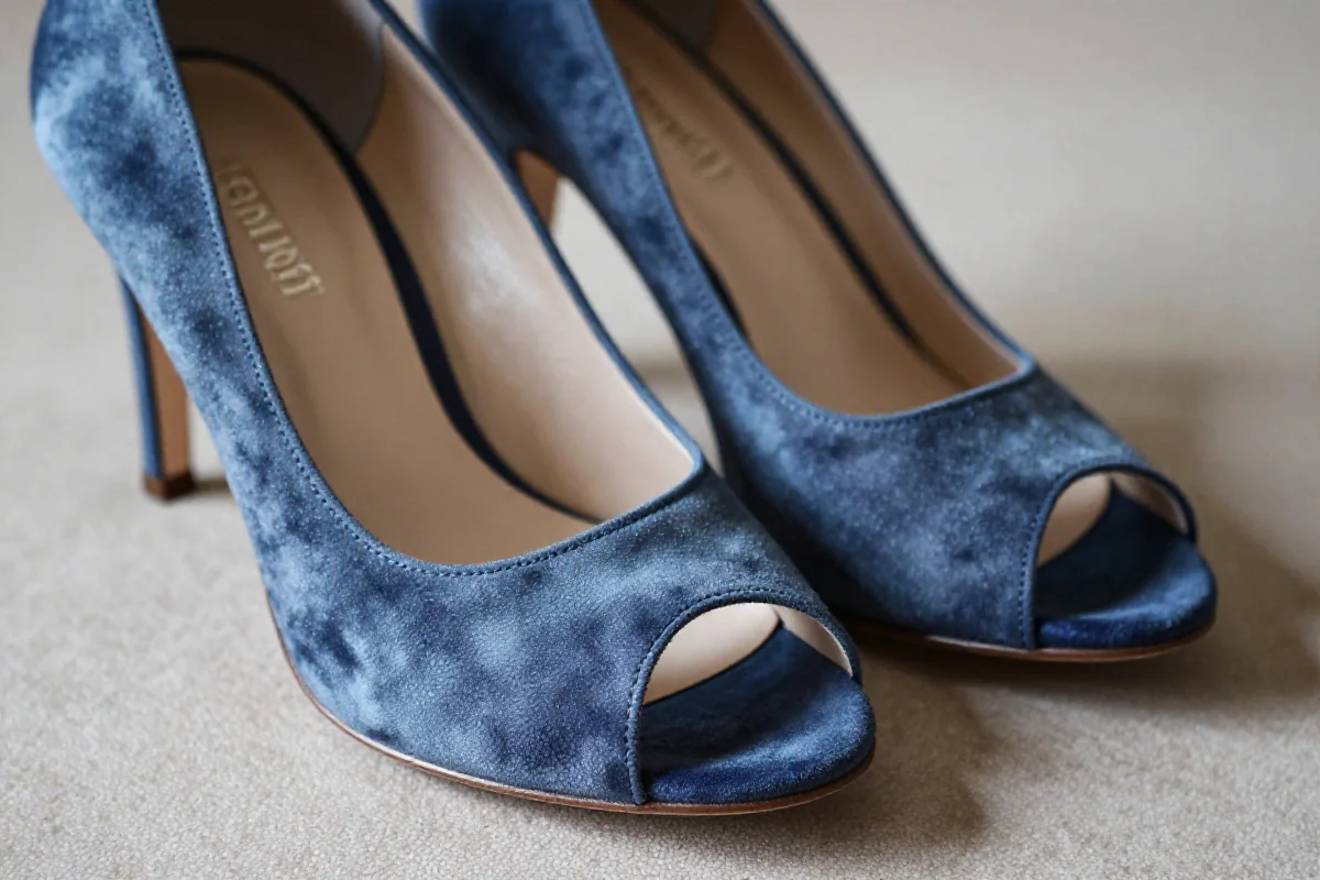 Eleganckie szpilki peep toe na teksturowanej powierzchni, odkryte palce.