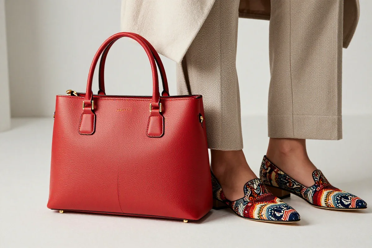 Stylizacja z akcentami kolorystycznymi, torba i buty w odważnych kolorach.