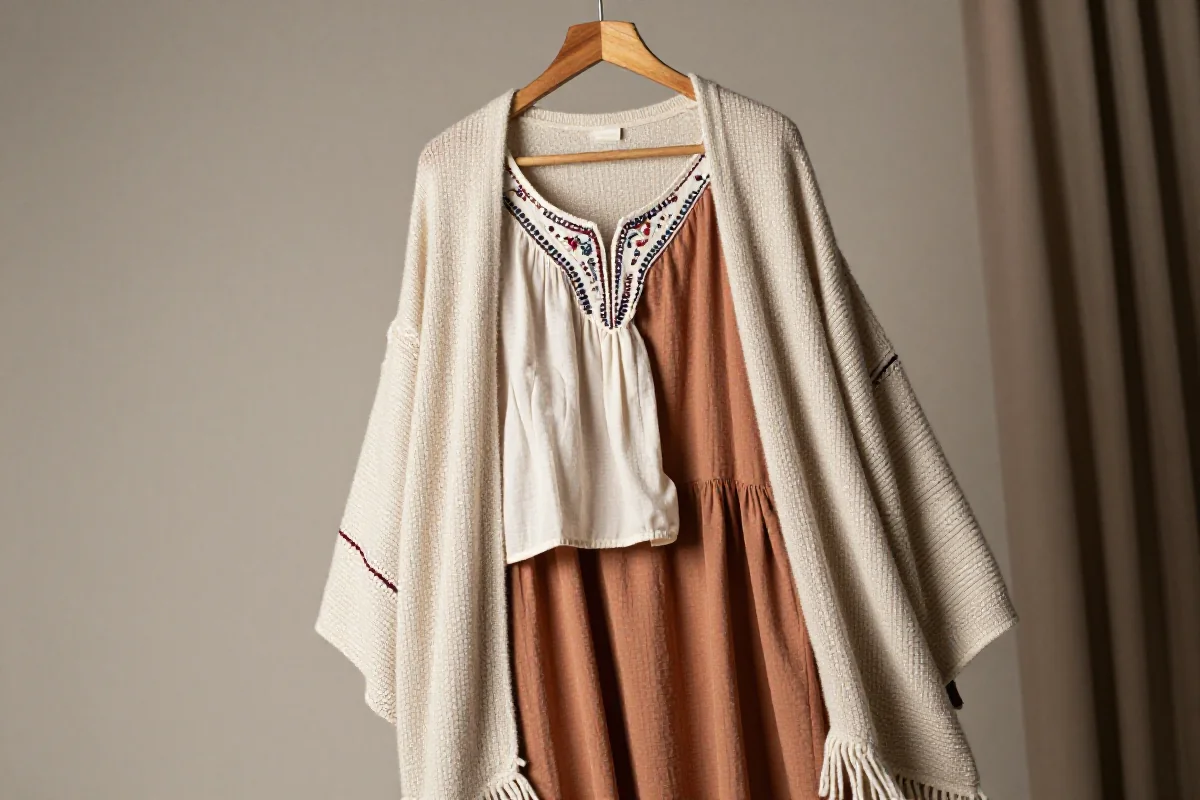 Stylizacja Boho z warstwami odzieży, naturalne tkaniny i delikatne hafty.