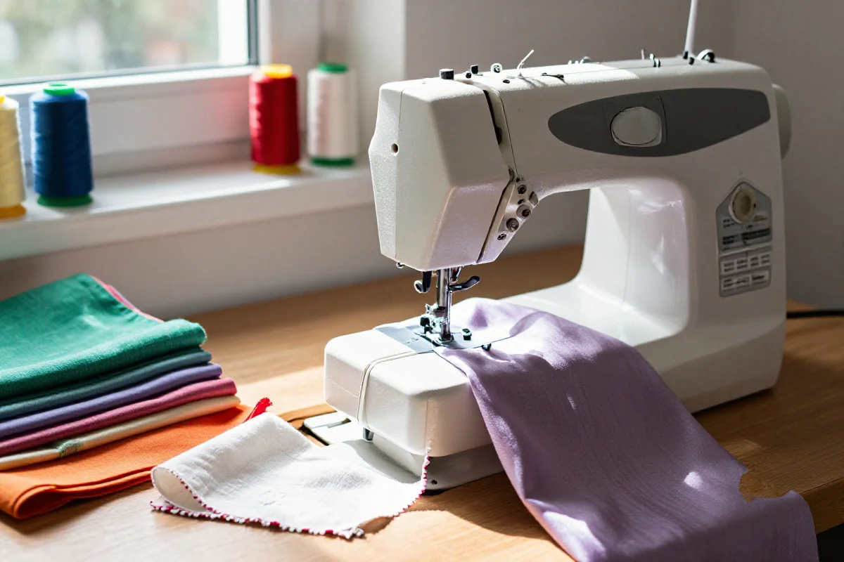 Maszyna do szycia w domowym warsztacie, otoczona kolorowymi tkaninami.