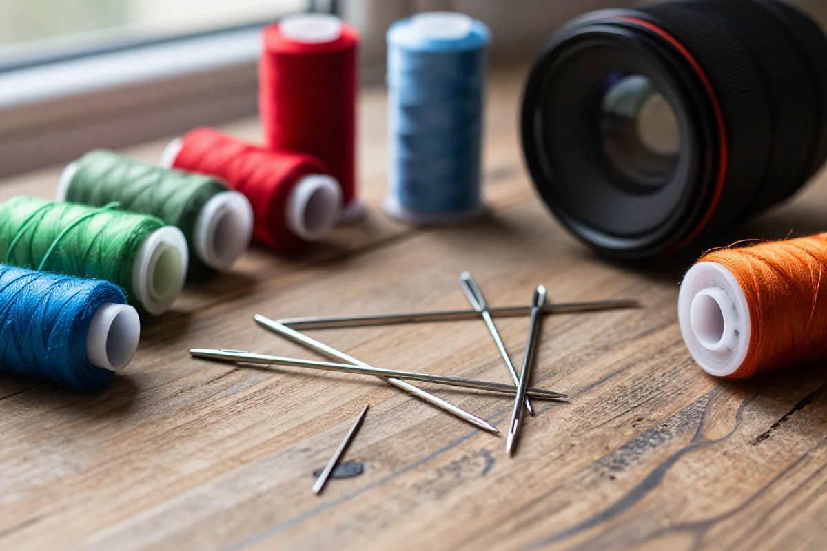 Zestaw igieł i nici do szycia ręcznego na drewnianym stole.