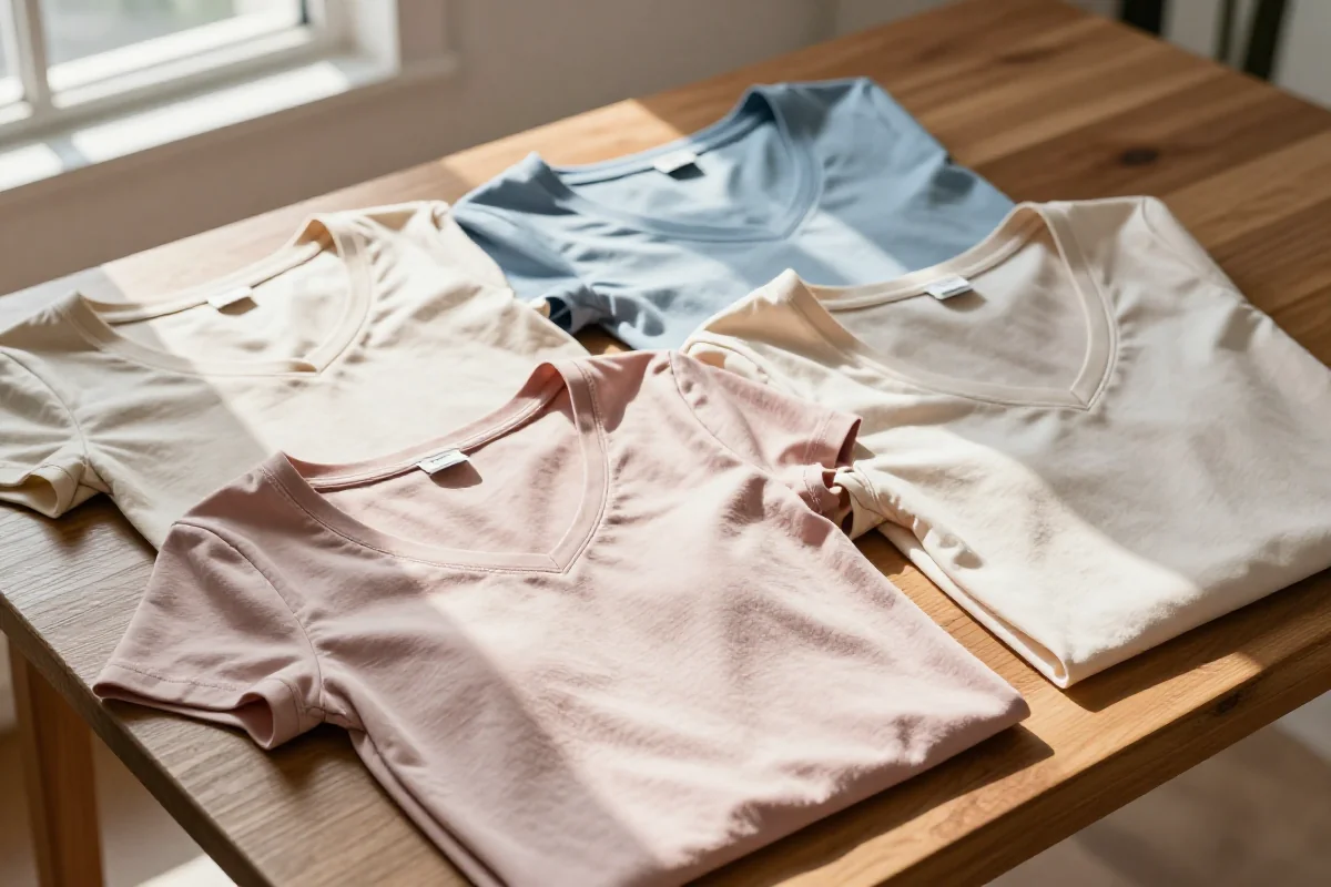 Zbiór damskich t-shirtów w pastelowych kolorach na drewnianym stole.