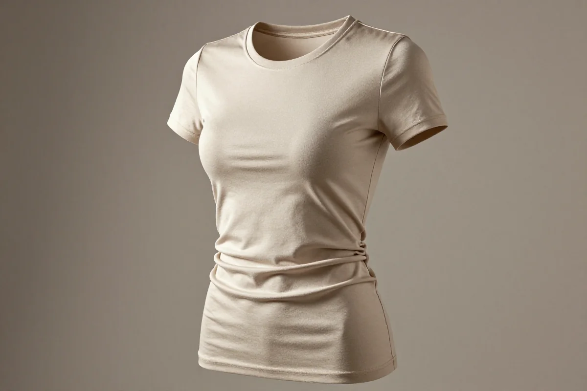 Dopasowana koszulka na neutralnym tle, podkreślająca sylwetkę i szczegóły materiału.