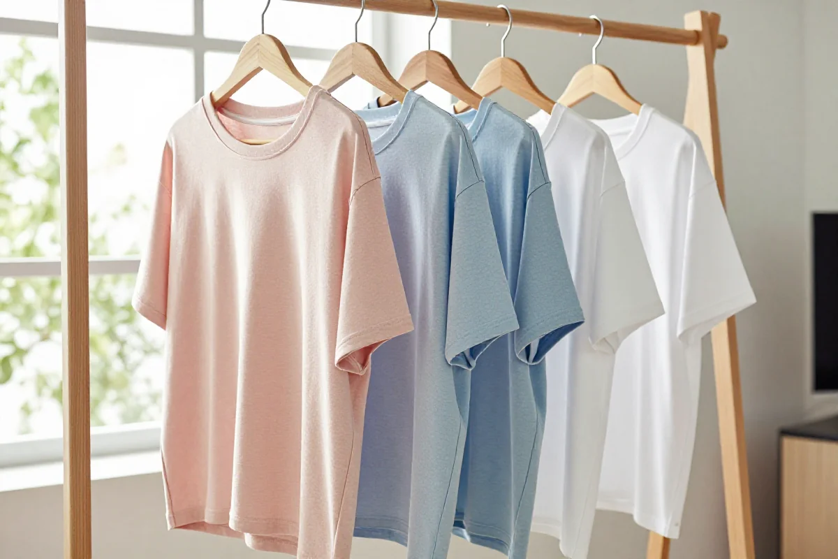 Zestaw luźnych koszulek oversize na drewnianym wieszaku w jasnym wnętrzu.