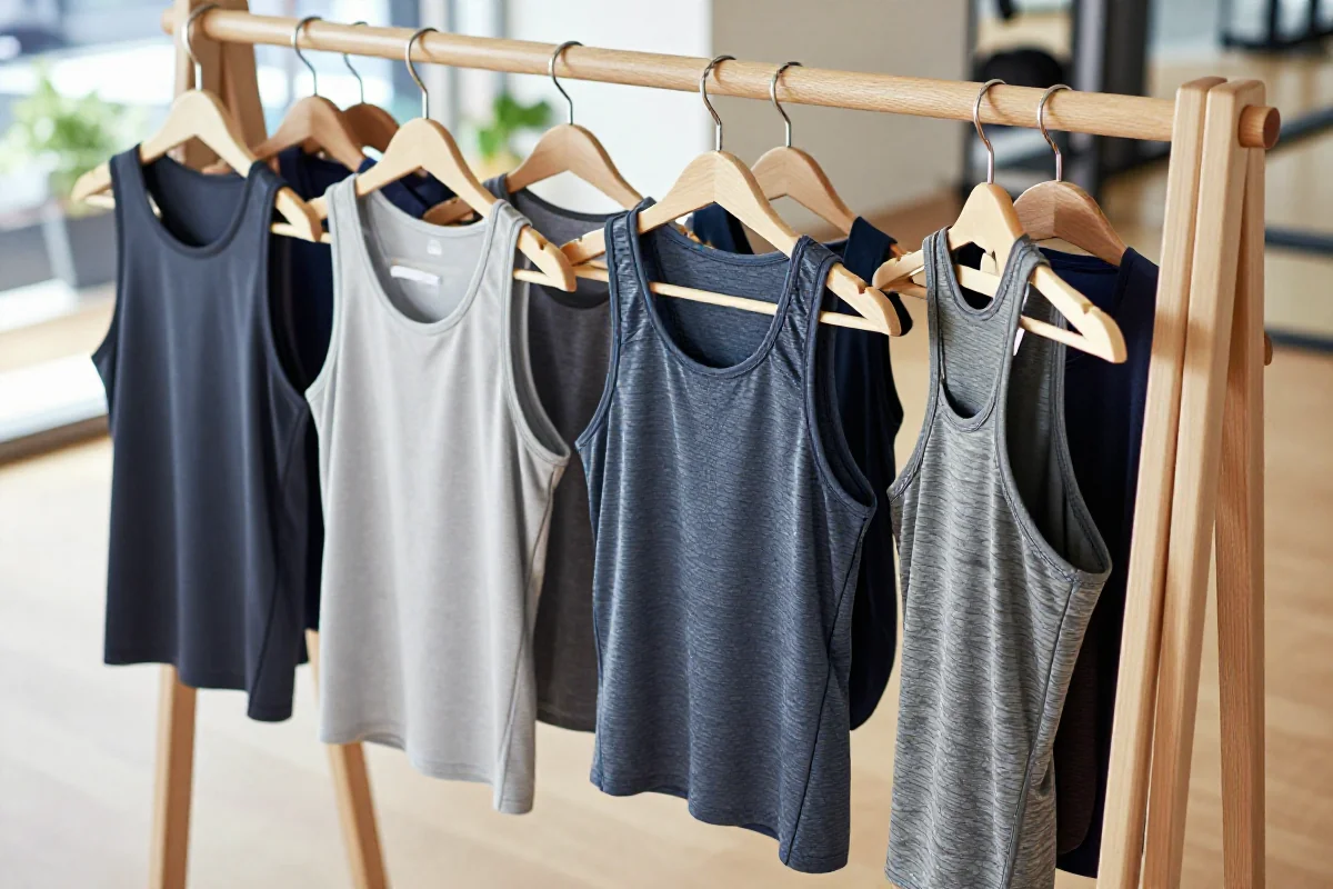 Różnorodne sportowe tank topy na minimalistycznym wieszaku w studiu fitness.