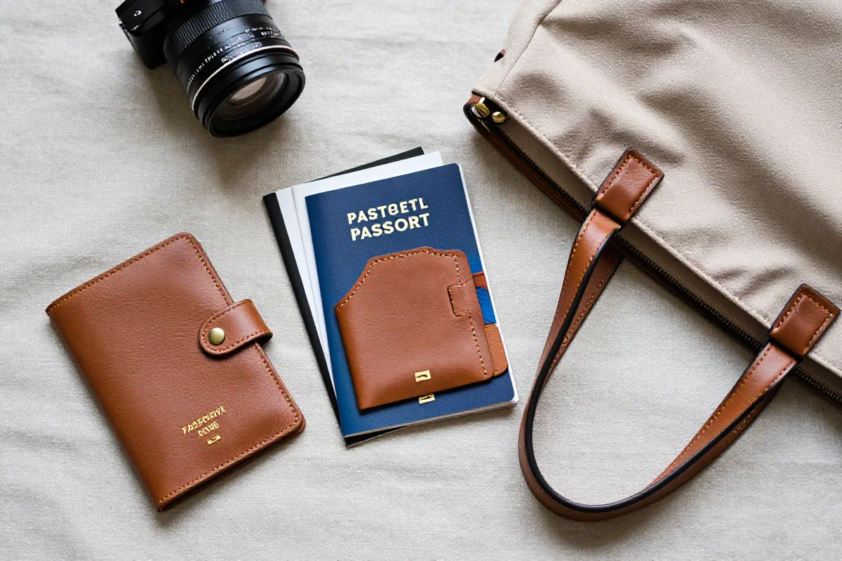 Stylowe akcesoria podróżne i dokumenty związane z zakupami za granicą