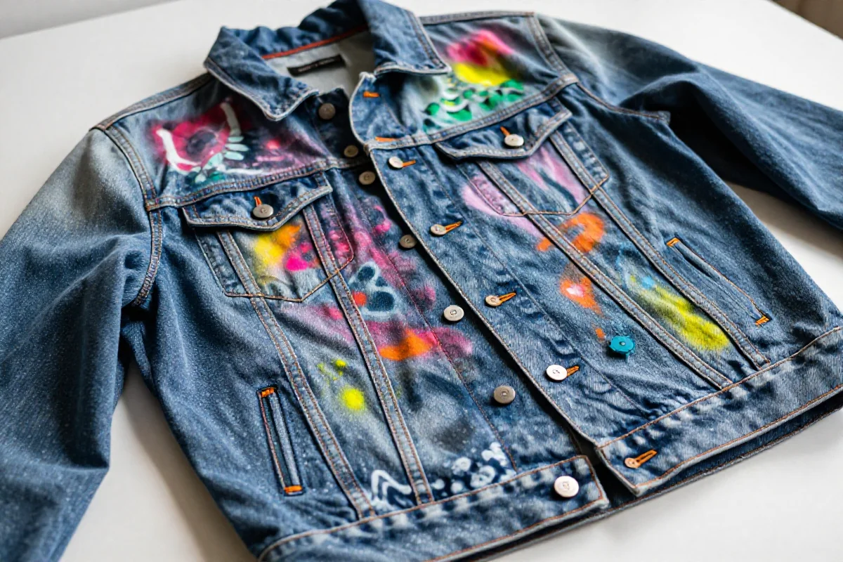 Denim kurtka z unikalnym wzorem spray na tkaninie w naturalnym świetle.