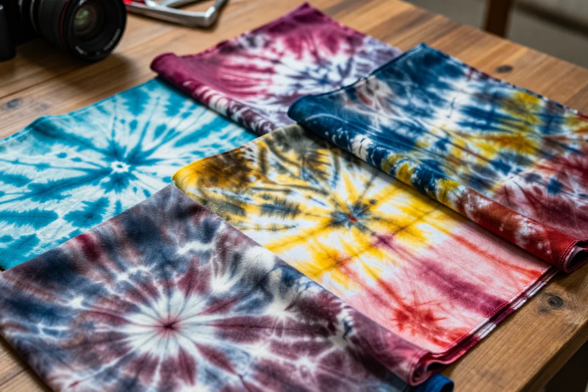 Przykłady dekoracyjnego farbowania tkanin, techniki tie-dye i ombre.