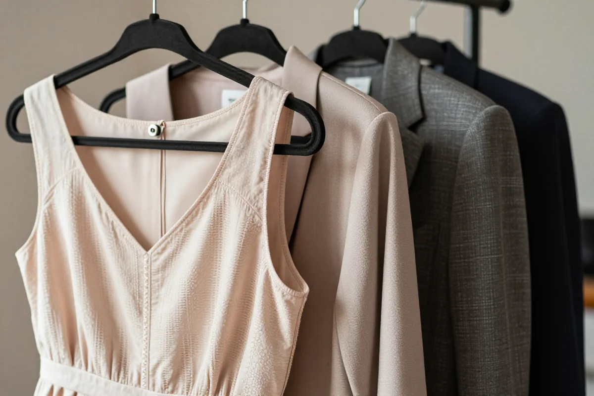 Odzież przygotowana do odparowywania: sukienka midi i marynarka na wieszaku.