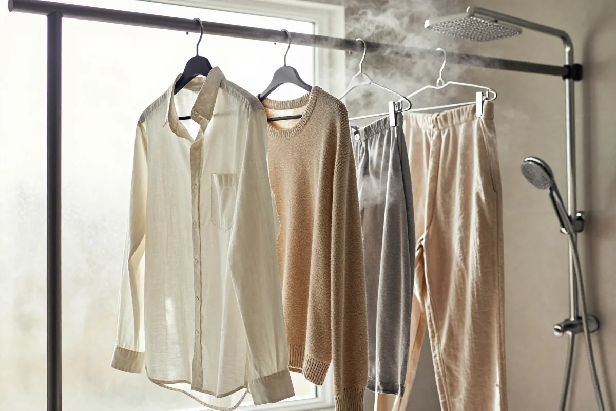Odświeżanie ubrań w łazience z pomocą pary wodnej.