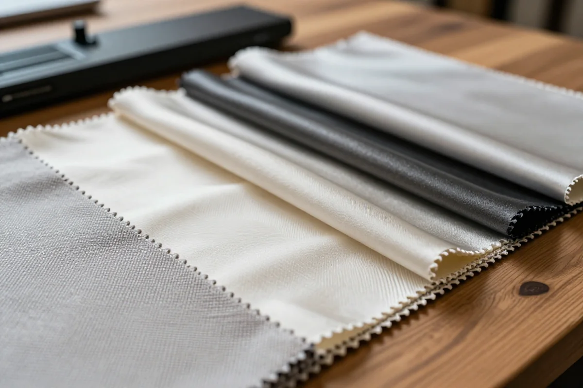 Zbliżenie różnych tkanin na drewnianym stole, podkreślające ich tekstury.