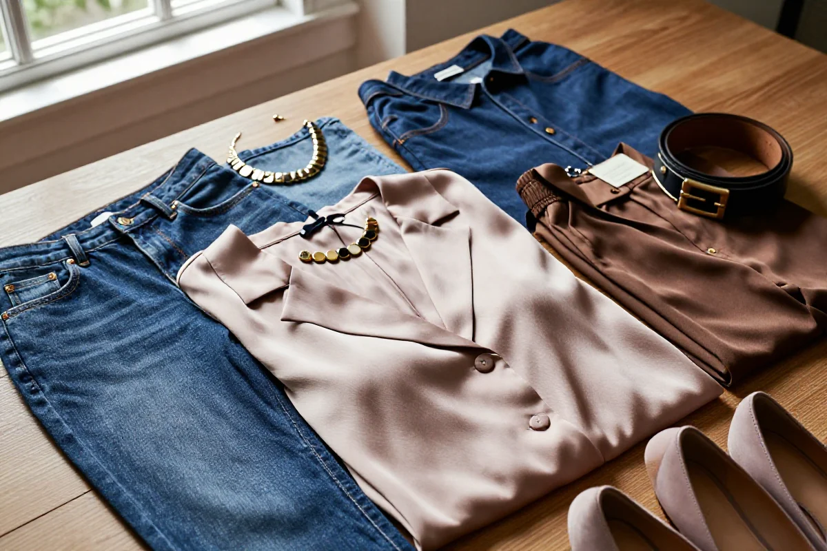 Stylowe ubrania i akcesoria w flat lay przedstawiające charakterystyczny styl.