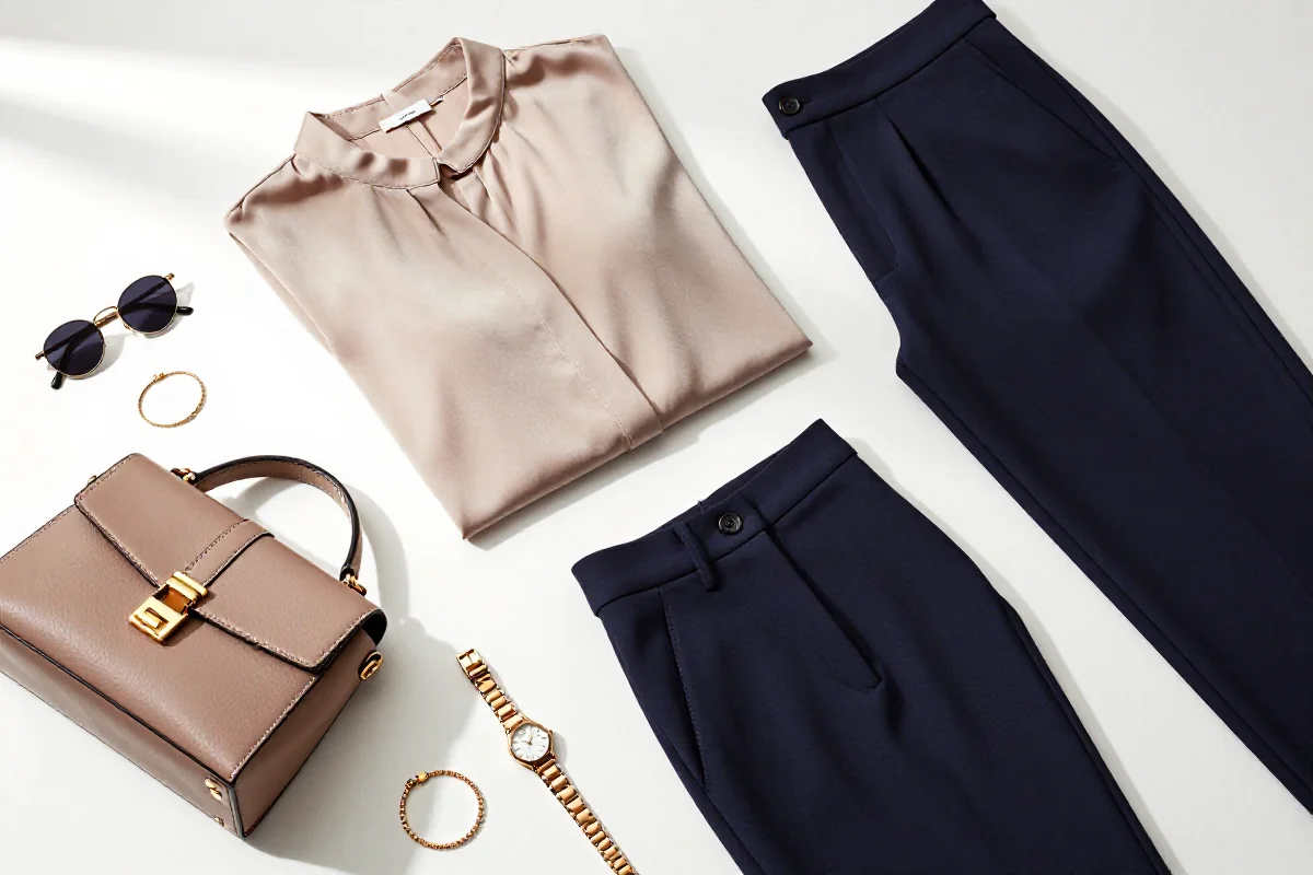 Stylowy układ modnych ubrań i akcesoriów na białym tle