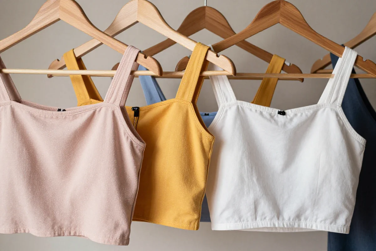 Kolekcja krótkich topów w różnych kolorach i fasonach na wieszaku