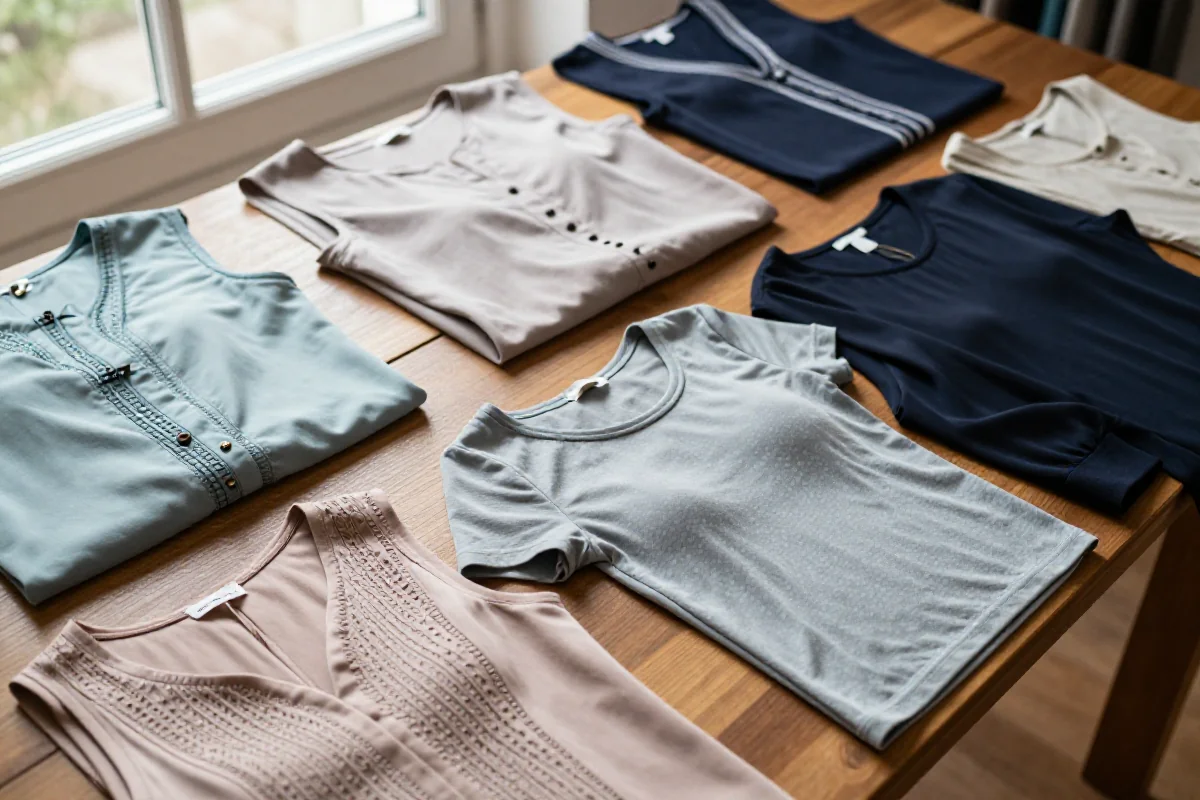 Różnorodne topy i t-shirty damskie na drewnianym stole, modne i stylowe.