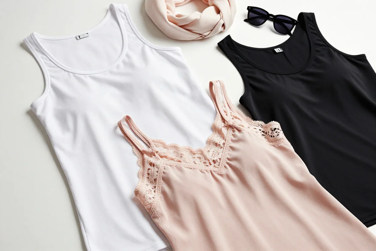 Stylowe topy na ramiączkach w różnych kolorach i teksturach.