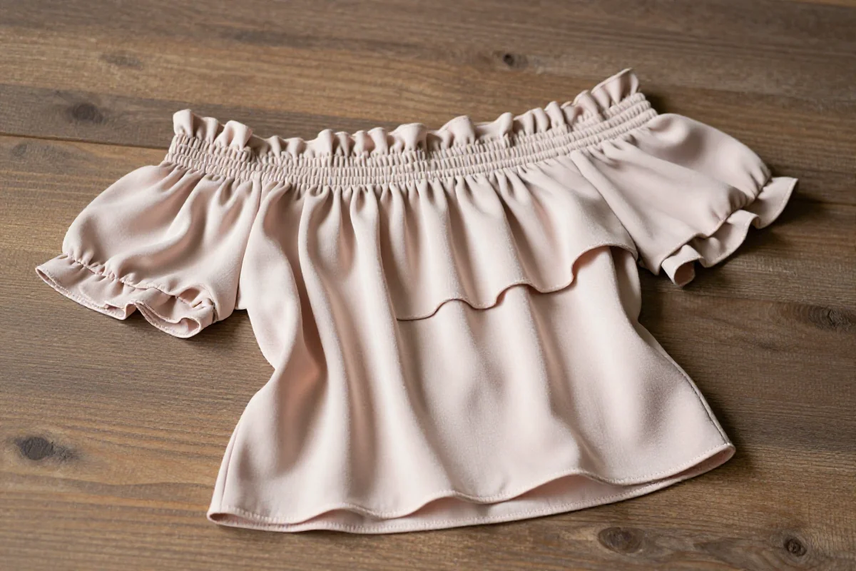 Stylowy top typu bardotka z gumką, pastelowy kolor, delikatne falbany, moda damska.