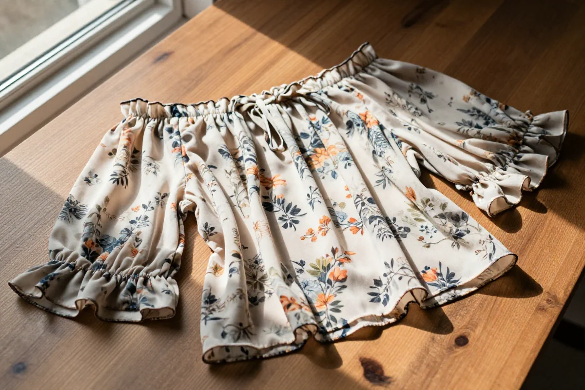 Stylowy top z odkrytymi ramionami na drewnianym stole, z kwiatowym wzorem.