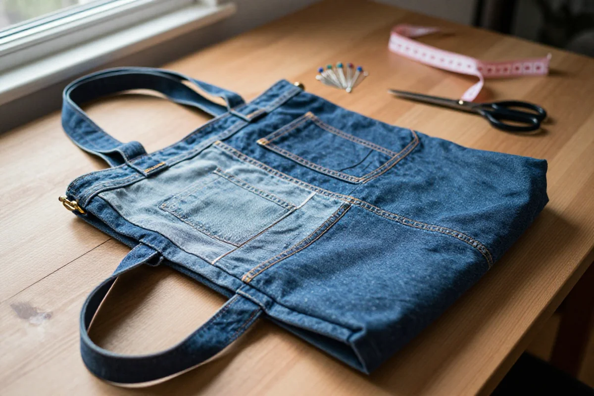Torebka z jeansów DIY na drewnianym stole, akcesoria krawieckie w tle.