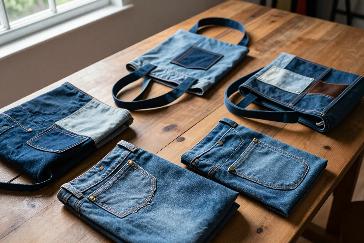 Zestaw torebek DIY z jeansów na stole, akcesoria z upcyklingowanych ubrań.