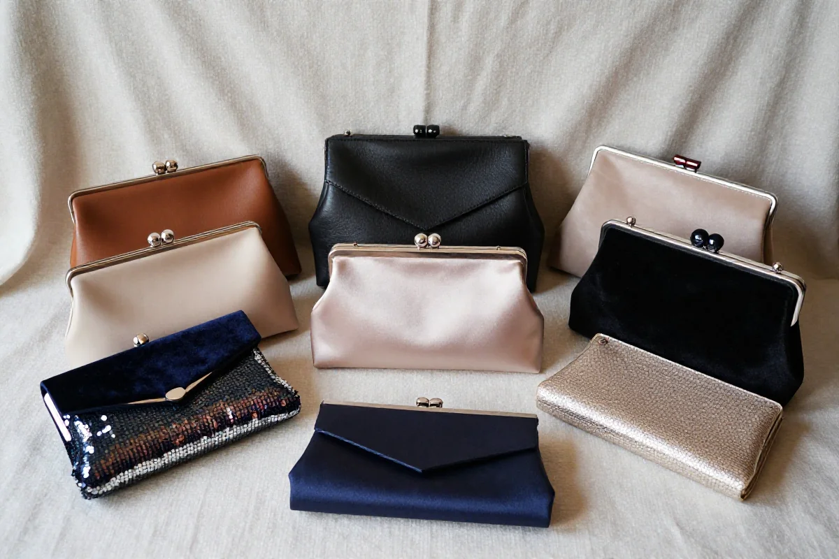 Eleganckie torebki kopertówki na tle miękkiego materiału.