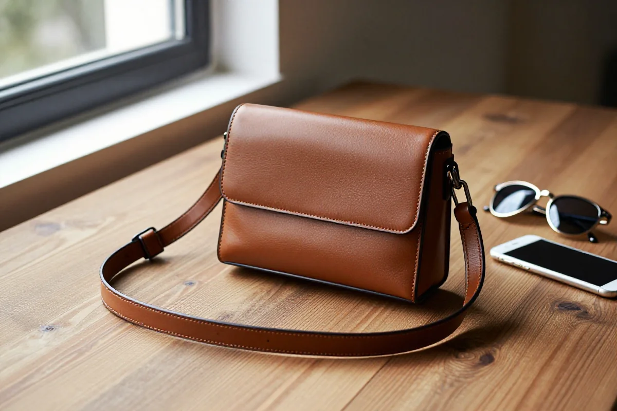 Stylowa torebka listonoszka na drewnianym stole, przedstawiająca modne akcesoria.