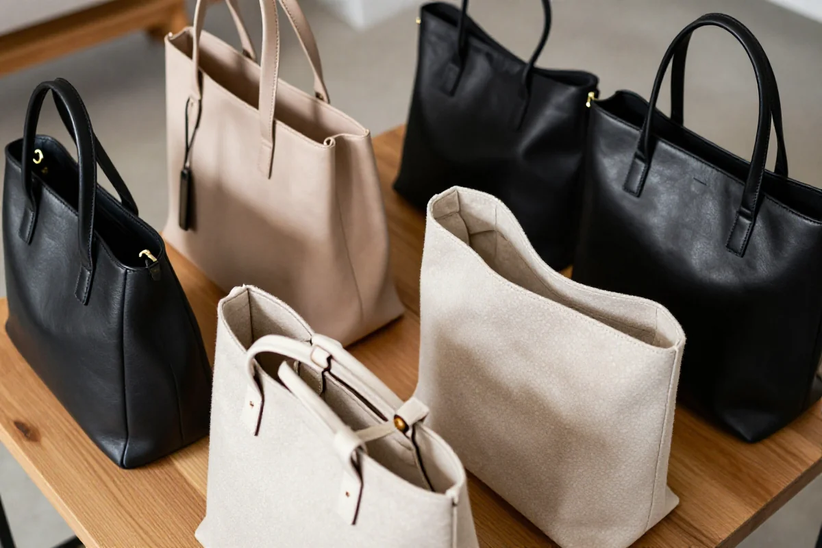 Stylowe torebki shopperki w różnych kolorach i materiałach na drewnianym stole.