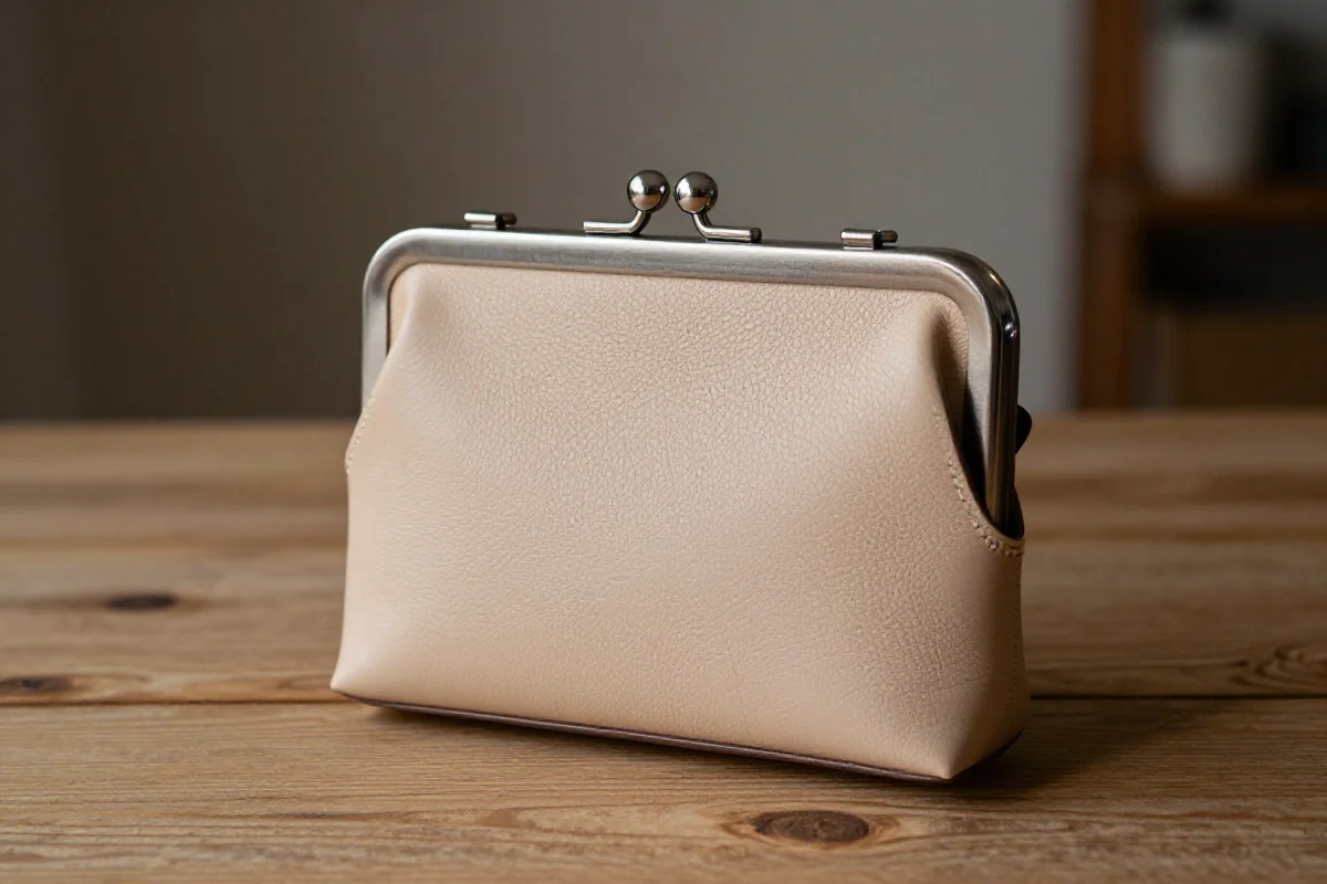 Elegancka torebka strukturalna z metalową ramą na drewnianym tle